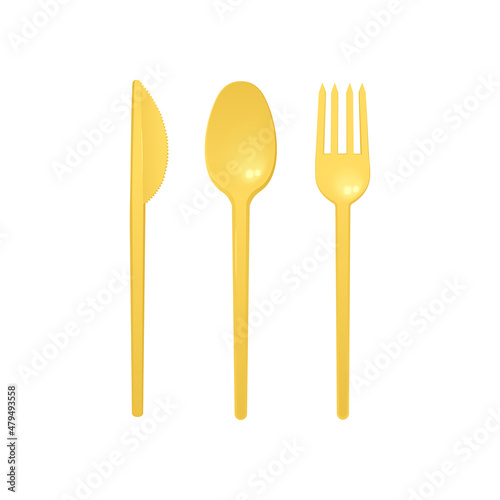 Yellow plastic dishware and cutlery set, realistic vector illustration isolated.