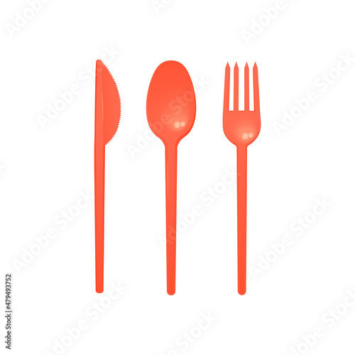 Red plastic cutlery set of fork, spoon and knife mockup, 3D vector isolated.