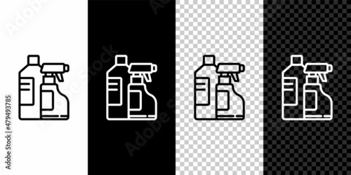 Set line Plastic bottles for laundry detergent, bleach, dishwashing liquid or another cleaning agent icon isolated on black and white background. Vector Illustration
