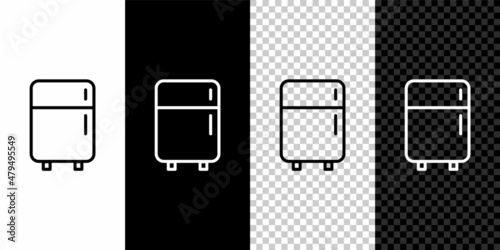 Isometric Refrigerator icon isolated on grey background. Fridge freezer refrigerator. Household tech and appliances. Blue square button. Vector