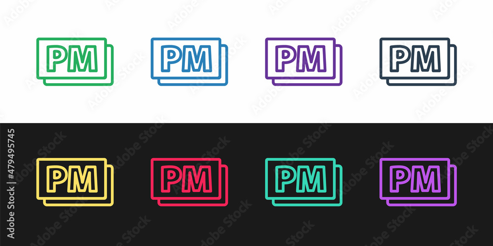 Set line Clock PM icon isolated on black and white background. Time symbol. Vector Set line Clock PM icon isolated on black and white background. Time symbol. Vector
