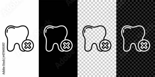 Set line Tooth with caries icon isolated on black and white background. Tooth decay. Vector