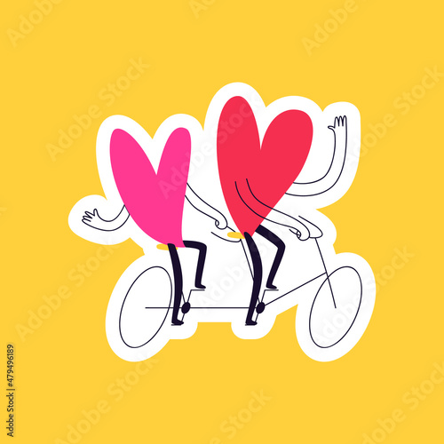 Drawn sticker doodle hearts on a double bike. A couple in love rides an abstract bicycle on a yellow background. Valentine's day sticker vector illustration.