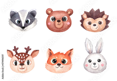Set with faces or heads of cute animals. Woodland animals fawn, bear, hedgehog, bunny, badger, fox. Watercolor illustration in cartoon style isolated on white background.