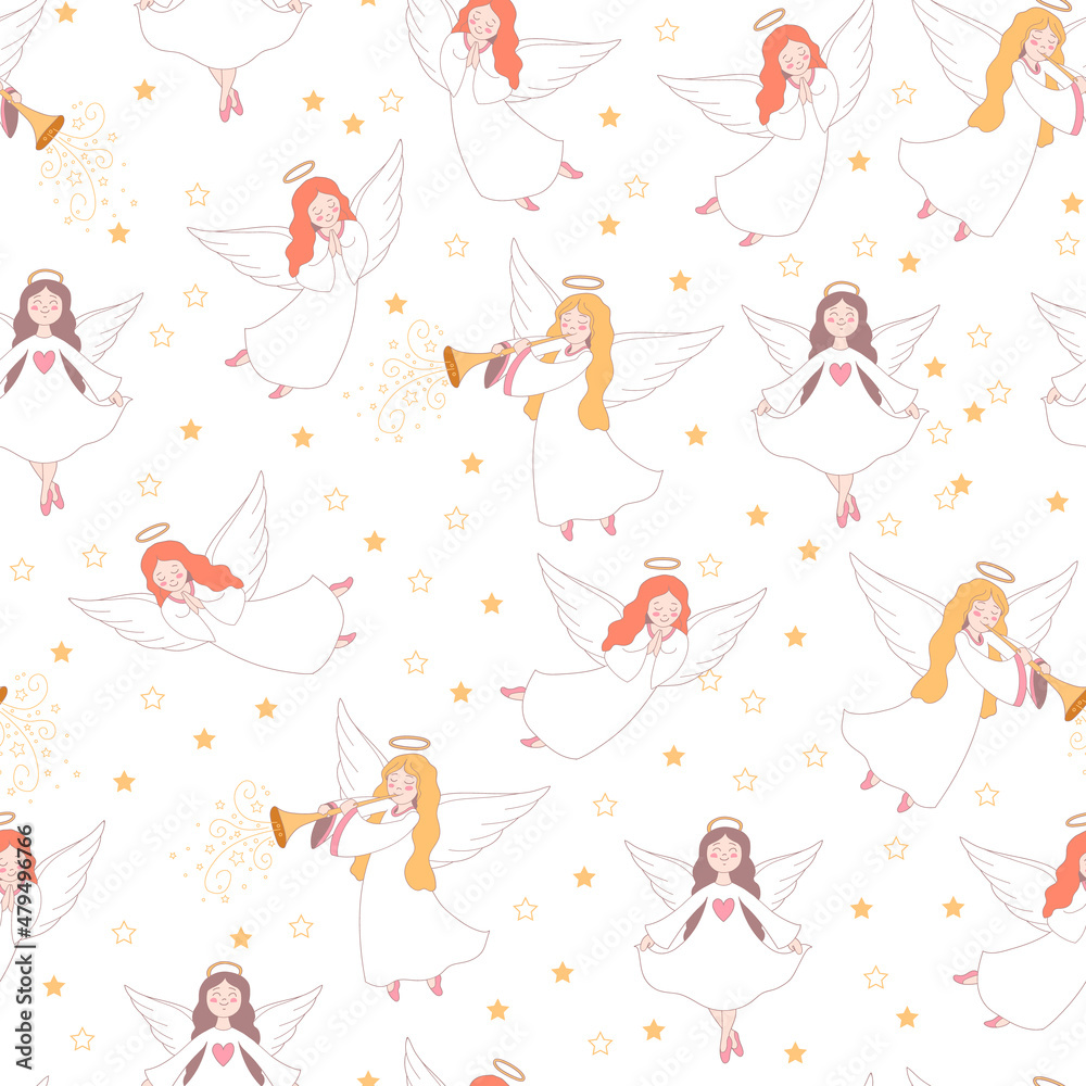 Seamless Angels pattern with stars Seamless Angels pattern with stars