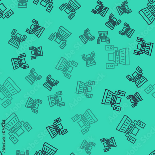 Black line Music sound recording studio control room with professional equipment icon isolated seamless pattern on green background. Vector