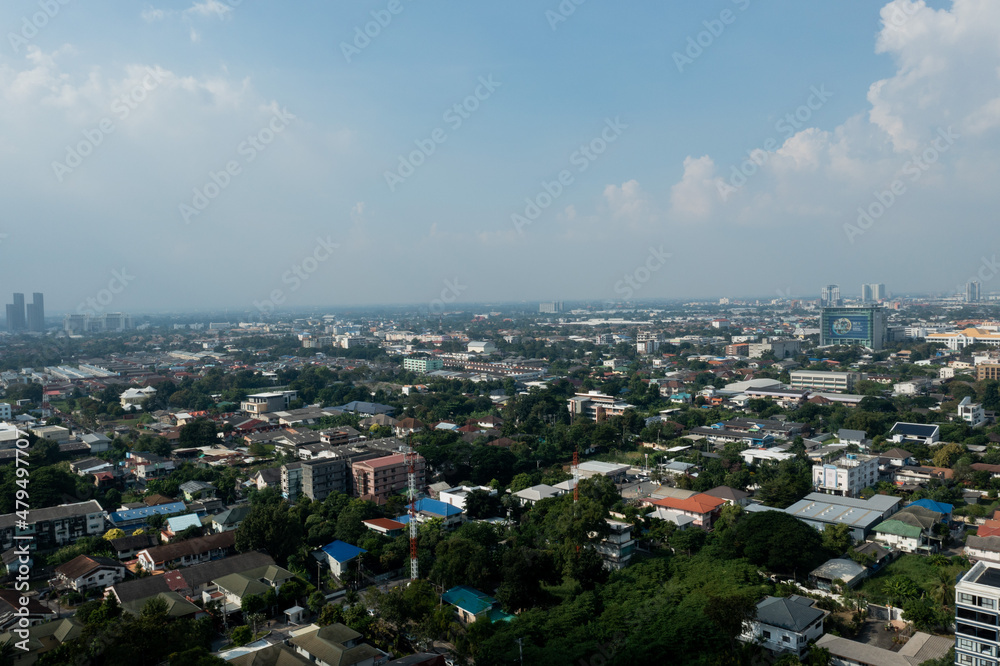 Aerial city view from flying drone at Nonthaburi, Thailand, top view landscape