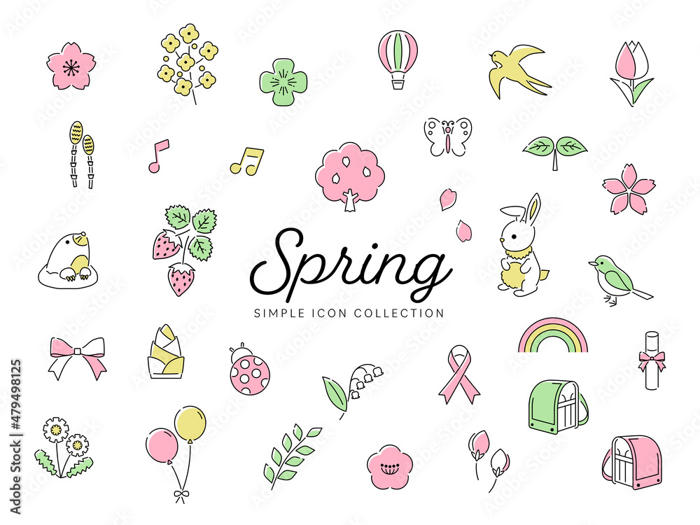 春のシンプルな線画アイコンセット01 桜 花 自然 動物 イラスト カラフル Stock Vector Adobe Stock