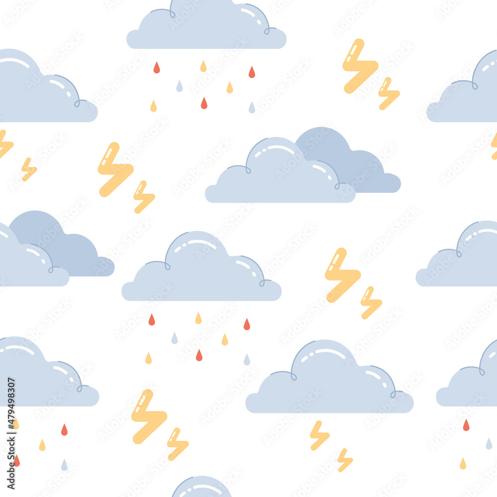 Seamless vector weather pattern with clouds and rain.Childish colored vector illustration in flat cartoon style for fabric, textile,packaging and print. Seamless vector weather pattern with clouds and rain.Childish colored vector illustration in flat cartoon style for fabric, textile,packaging and print.