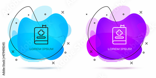 Line Cookbook icon isolated on white background. Cooking book icon. Recipe book. Fork and knife icons. Cutlery symbol. Abstract banner with liquid shapes. Vector