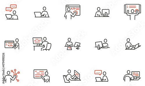 Vector set of linear icons related to human resources, work with digital technology, online business, development, programming and engineering. Mono line pictograms and infographics design elements