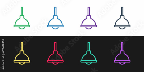Set line Lamp hanging icon isolated on black and white background. Ceiling lamp light bulb. Vector