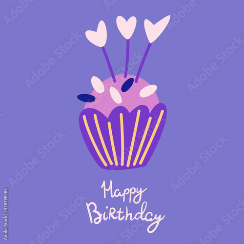 Birthday cake. Sweet muffin with candles and hearts. Birthday card. Great for poster, card, apparel print, decor, Valentines day. Vector cartoon illustration