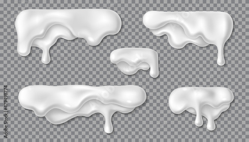 Yogurt icing drip set. 3d vector realistic white milk or mayonnaise drop. Cream or yoghurt stain. Border design