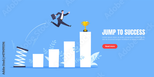 Springboard businessman high jump flat style design vector illustration concept. Business person jumps above career ladder. Success growth, motivation opportunity, boost career concept.