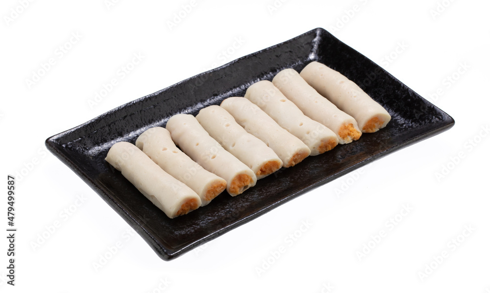 Seasoned minced fish stuffed with cheese on plate isolated on white background. Seasoned minced fish stuffed with cheese on plate isolated on white background.