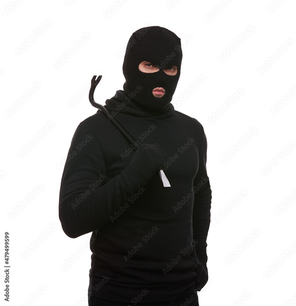 Thief in mask with crowbar on white background