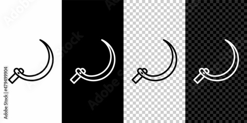 Set line Sickle icon isolated on black and white, transparent background. Reaping hook sign. Vector