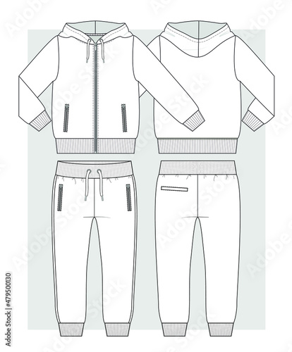 Sport suit from hoodie jacket with zipper and trousers technical sketch.