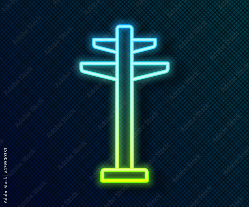 Glowing neon line Electric tower used to support an overhead power line icon isolated on black background. High voltage power pole line. Vector