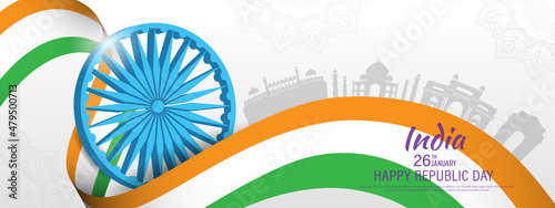 26 th January Indian Republic Day banner template design with Indian flag and silhouette of Indian monument.