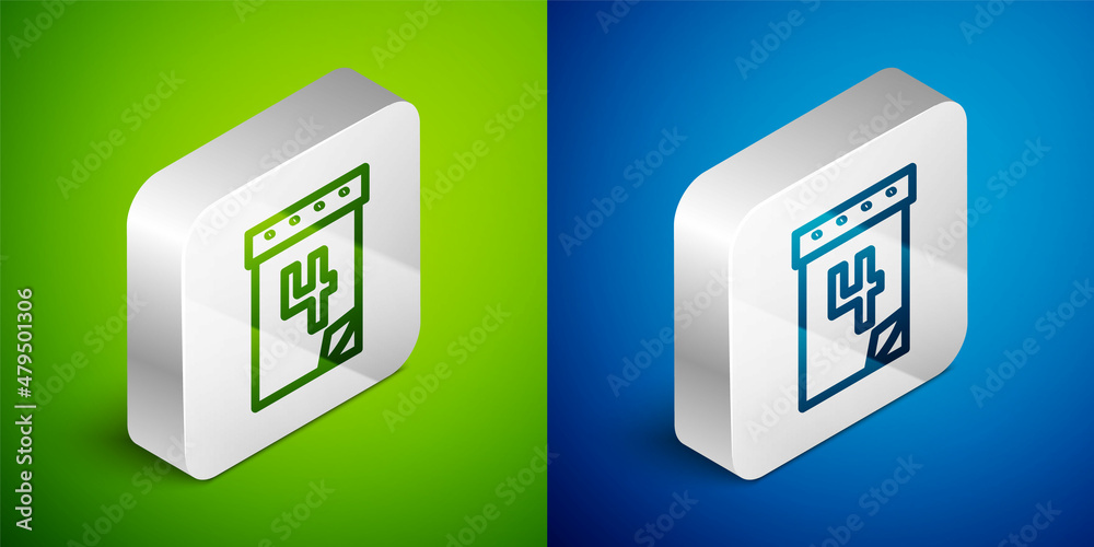 Isometric line Day calendar with date July 4 icon isolated on green and blue background. USA Independence Day. 4th of July. Silver square button. Vector Isometric line Day calendar with date July 4 icon isolated on green and blue background. USA Independence Day. 4th of July. Silver square button. Vector