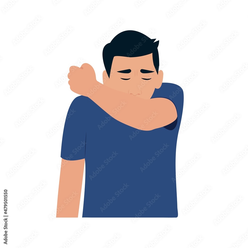 Man coughs at the elbow. Correct sneezing. The concept of stopping the spread of a virus.Vector illustration Man coughs at the elbow. Correct sneezing. The concept of stopping the spread of a virus.Vector illustration