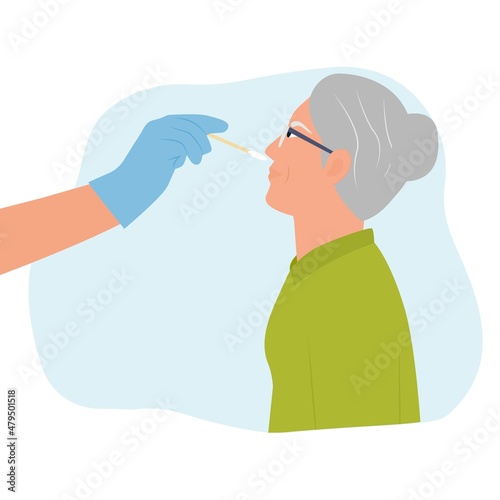 Old woman receiving a covid19 coronavirus or DNA testing by medical staff  doctor or nurse.PCR test  influenza check  nasal swab laboratory test diagnosis of influenza for senior. Flat Vector 