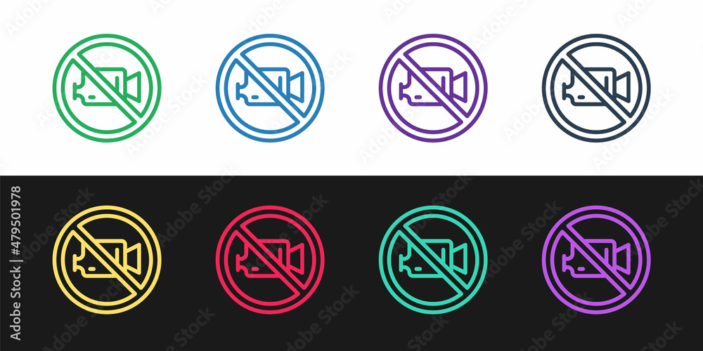 Set line Prohibition sign no video recording icon isolated on black and white background. Vector Set line Prohibition sign no video recording icon isolated on black and white background. Vector