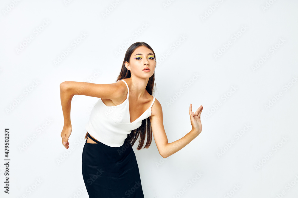 beautiful brunette white t shirt hand gestures charm isolated background unaltered beautiful brunette white t shirt hand gestures charm isolated background unaltered