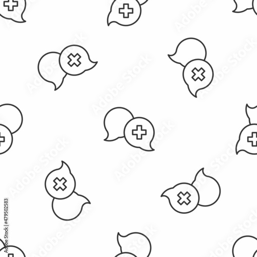 Grey line Dialogue with the doctor icon isolated seamless pattern on white background. Doctor and patient dialog. Consulting about medical health services. Vector