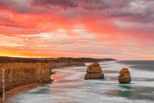 Australia, Victoria, Long exposure of Twelve Apostles and Gibson Steps in Port Campbell National Park at cloudy dawn photo