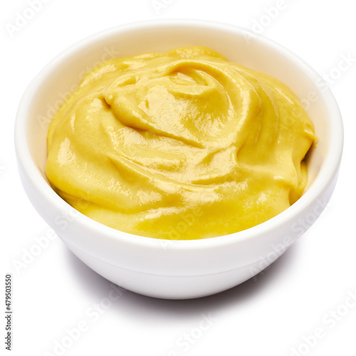 Classic mustard sauce in ceramic bowl isolated on white background