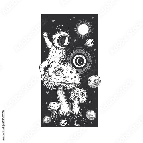 Mushrooms are like planets. Astronaut sit on planets. Space illustration.