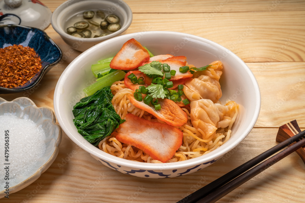 Egg Noodles and Wonton Noodles with Red Barbecue pork with hot soup. Egg Noodles and Wonton Noodles with Red Barbecue pork with hot soup.