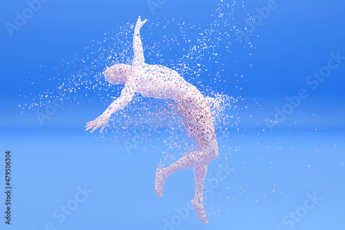 Three dimensional render of male character dissolving into particles photo