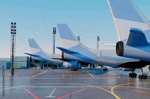 Three dimensional render of empennages of airplanes waiting at airport photo