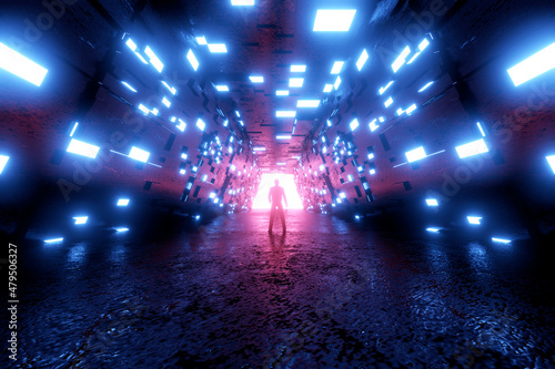Three dimensional render of silhouette of person standing in front of mysterious gate glowing at end of futuristic corridor photo
