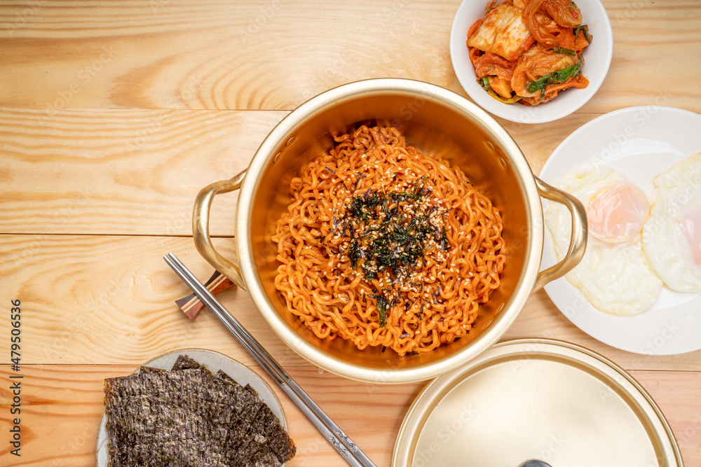 Super Spicy Korean noodles, Ramyun or hot ramen Korean dry noodles food