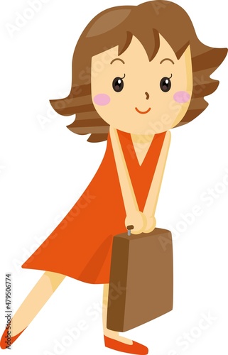 カバン、バッグ、荷物を持つ笑顔の女性（旅行・出張・赤い服）