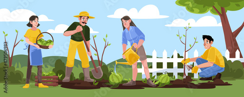 Gardening or farm works in garden. Men and women farmers and cottagers planting tree, watering watermelons and harvesting crop. Happy farmers characters working in orchard, Cartoon vector illustration