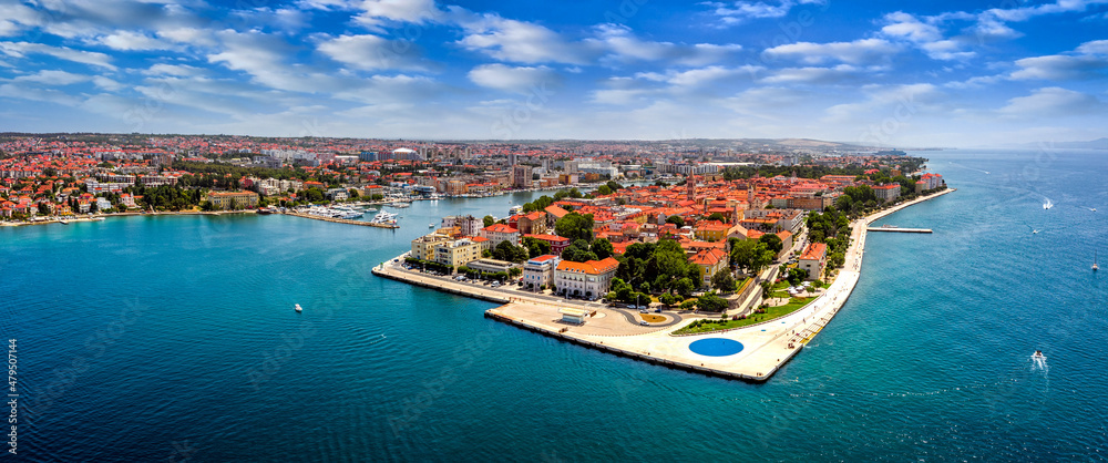 Zadar, Croatia - Aerial panoramic view of the old town of Zadar by the Adriatic sea with sea organ, yacht harbor and blue sky on a bright summer day