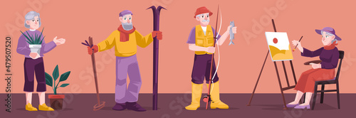 Senior people hobby and active lifestyle. Elder male and female character painting, gardening, skiing and fishing. Aged men and women having leisure, fun, sport. Cartoon people vector illustration