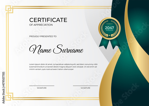 Luxury shine golden green certificate design template