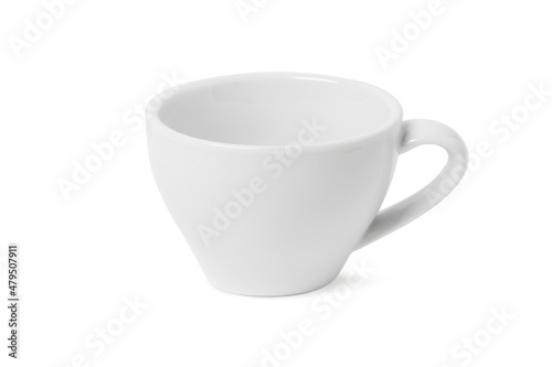 White tea cup for drink isolated on white background. Ceramic coffee cup or mug close up. Mock-up classic porcelain utensils. Blank ceramic mug mockup template for branding on white