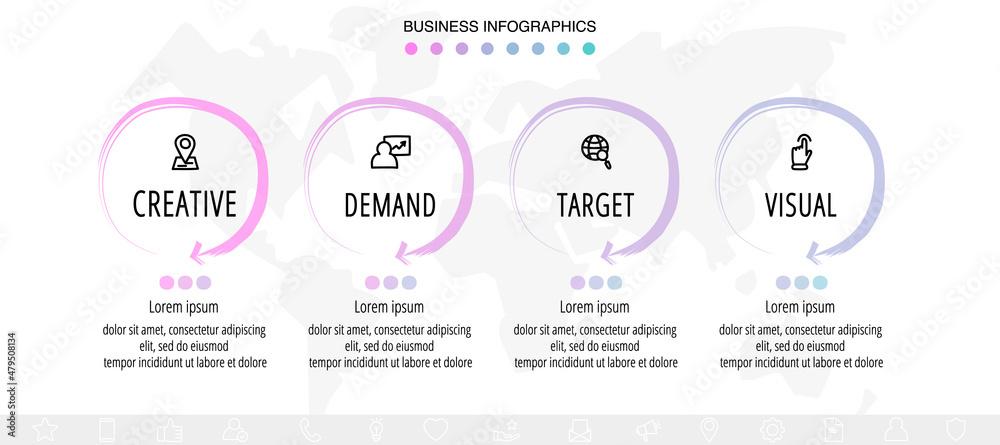 Modern hand-drawn vector infographics with 4 circles and arrows. Concept chart process template with four steps and symbols. Sketch timeline for business project on white background Modern hand-drawn vector infographics with 4 circles and arrows. Concept chart process template with four steps and symbols. Sketch timeline for business project on white background
