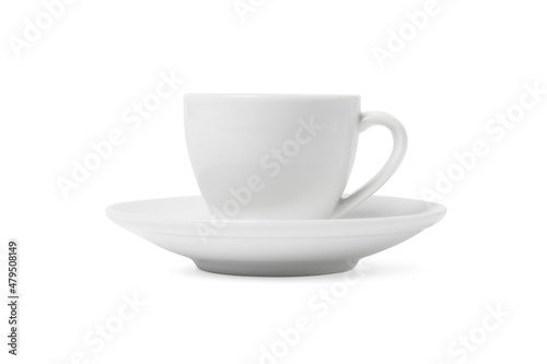 White cup and saucer isolated on white background. Ceramic coffee cup or tea mug and dish for drink close up. Mock up classic porcelain utensils