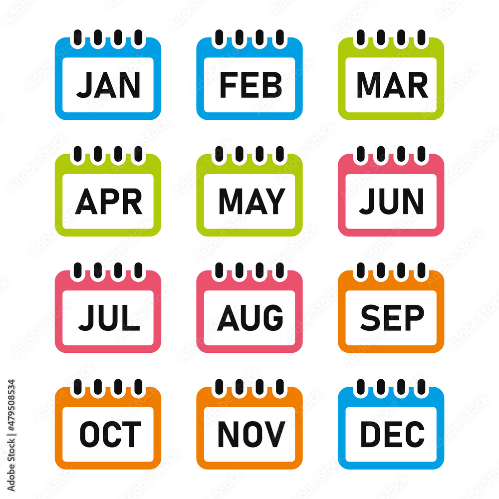 Calendar Icon Set with Month on White Background. Vector Calendar Icon Set with Month on White Background. Vector