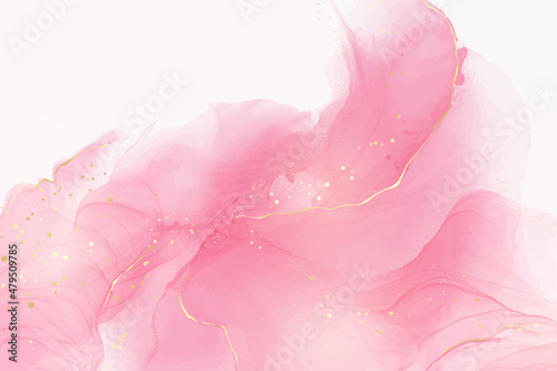 Rose pink liquid watercolor background with golden dots. Dusty blush marble alcohol ink drawing effect. Vector illustration design template for wedding invitation, menu, rsvp