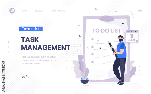 Illustration of creating business task management and task list on landing page design